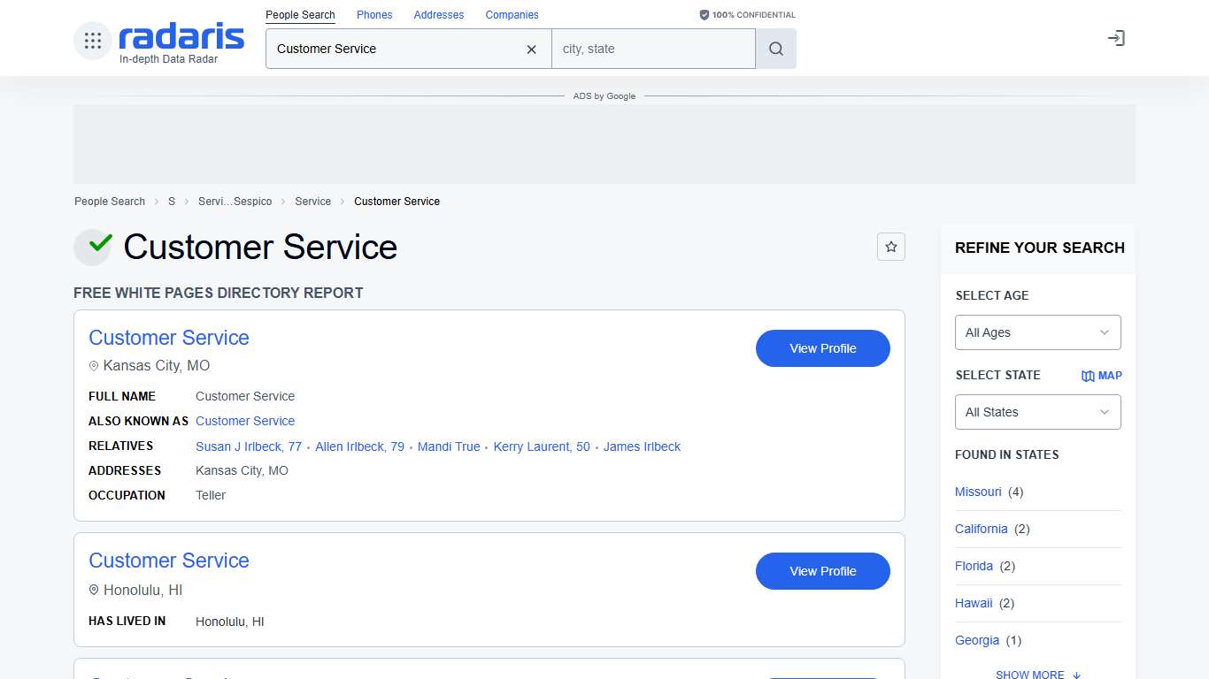 Customer Service - Age, Phone Number, Contact, Address Info, Public Records Radaris